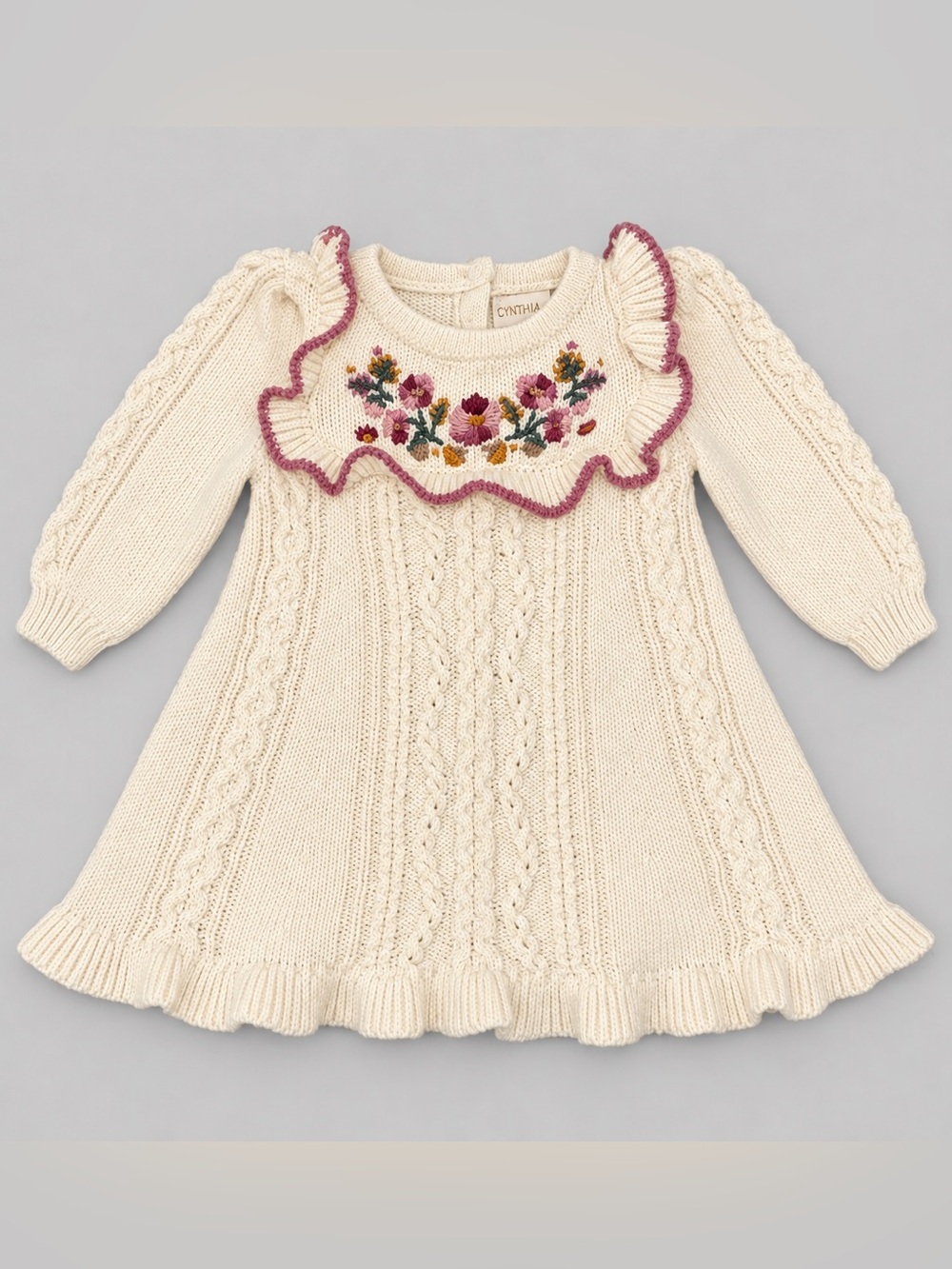 Cynthia Rowley Baby Girl Cable Knit Sweater Dress 0-3M Floral Embroidered Ruffle